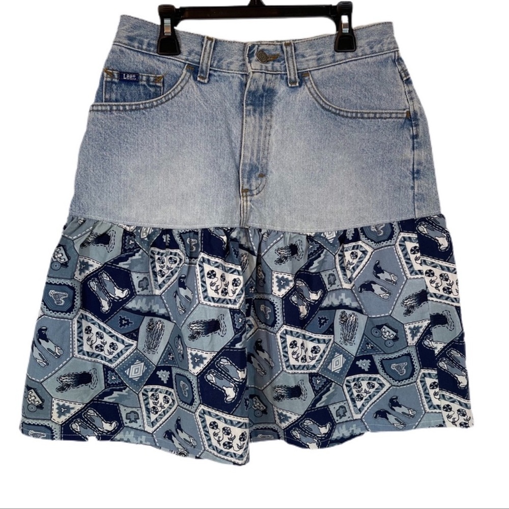 Vintage Lee Jean Skirt Hybrid 10 (28 waist) Western Mixed Print Blue
